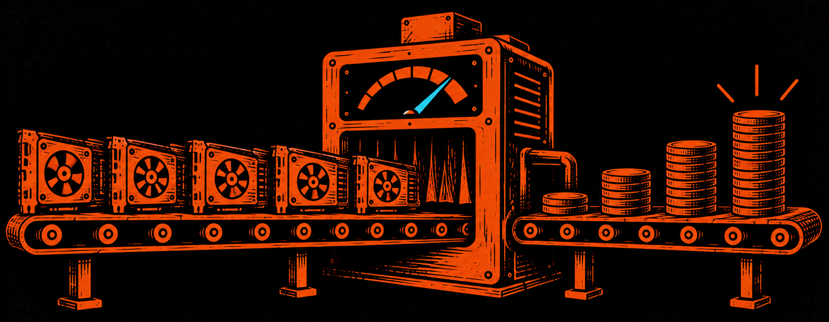 Orange engraved illustration of GPUs on a conveyor passing through a machine toward coins, with an ice-blue gauge.