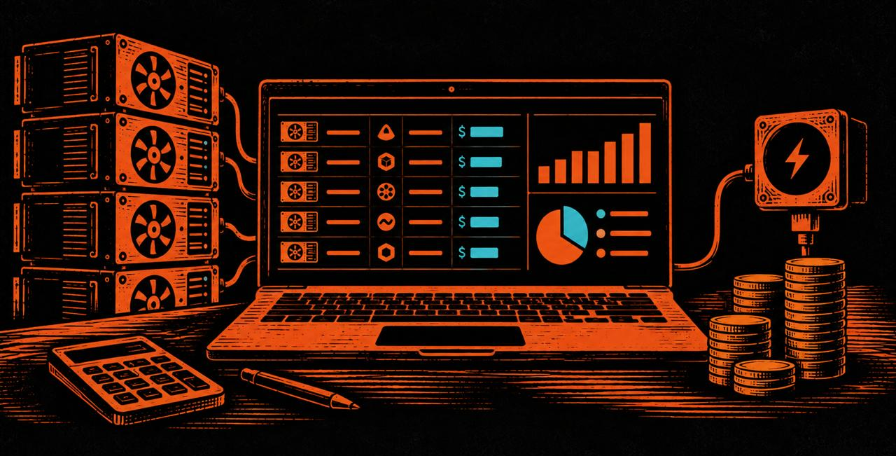 Orange engraved illustration of GPU servers connected to a laptop, with a power meter and stacks of coins.