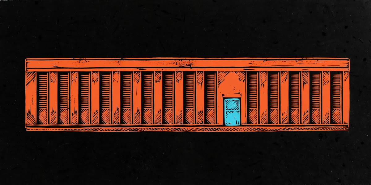 Orange industrial datacenter with a turquoise door