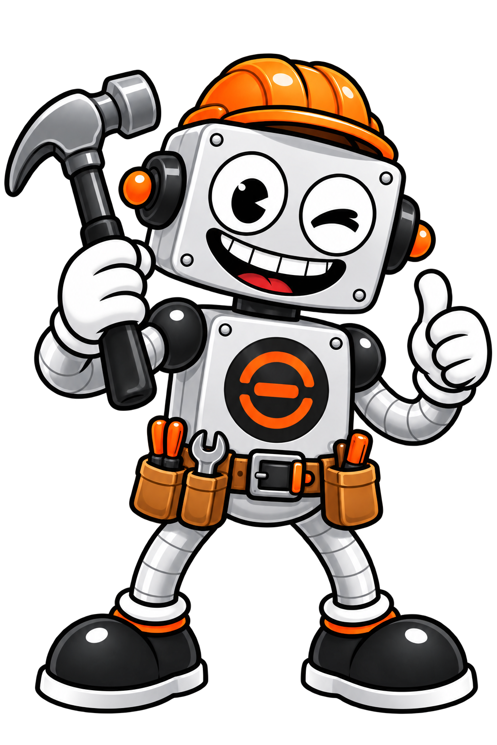 Terry winking in an orange hard hat and tool belt, holding a hammer and giving a thumbs-up.